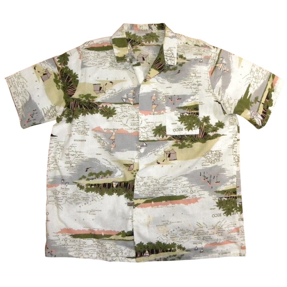 Vintage 80s HAWAIIAN Shirt | Caribbean Island Print Beach Scenes | 48" chest